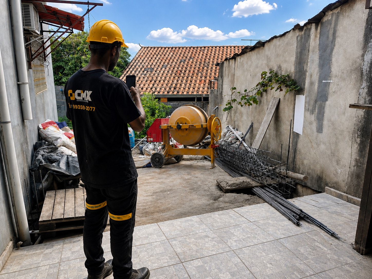 Encarregado da CMX, de capacete e camisa da empresa, fotografando o canteiro de obras com o celular para enviar o acompanhamento ao cliente