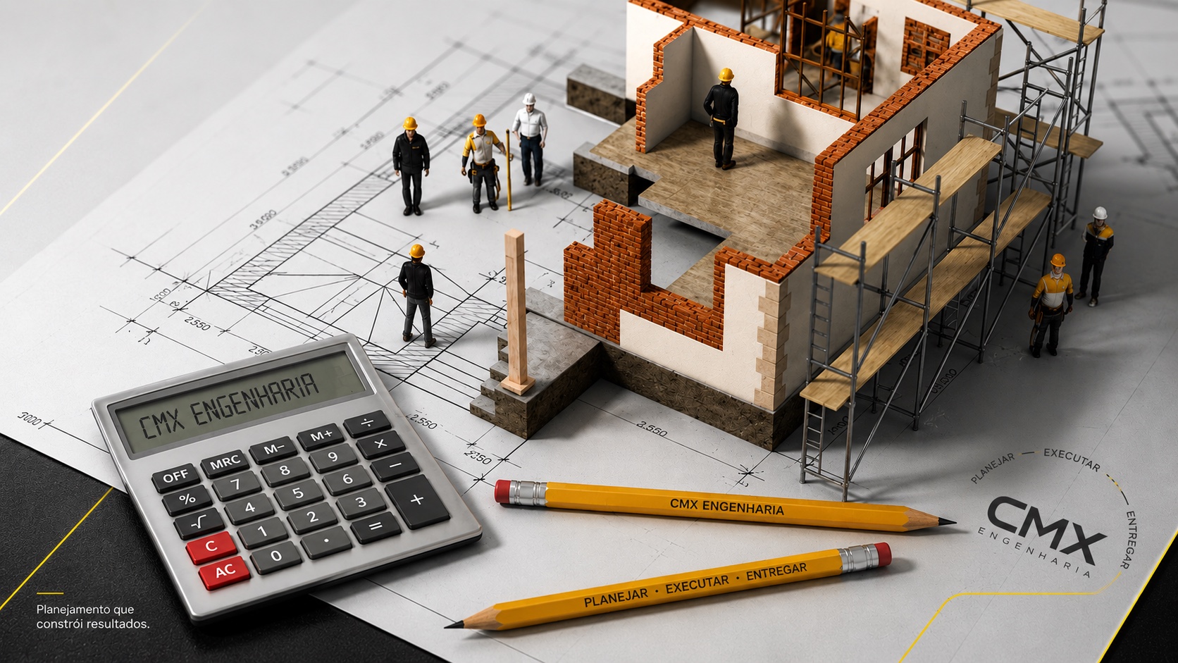 Maquete de uma casa em construção apoiada sobre a planta baixa, com operários em miniatura, calculadora e lápis da CMX Engenharia trazendo o lema Planejar, Executar, Entregar